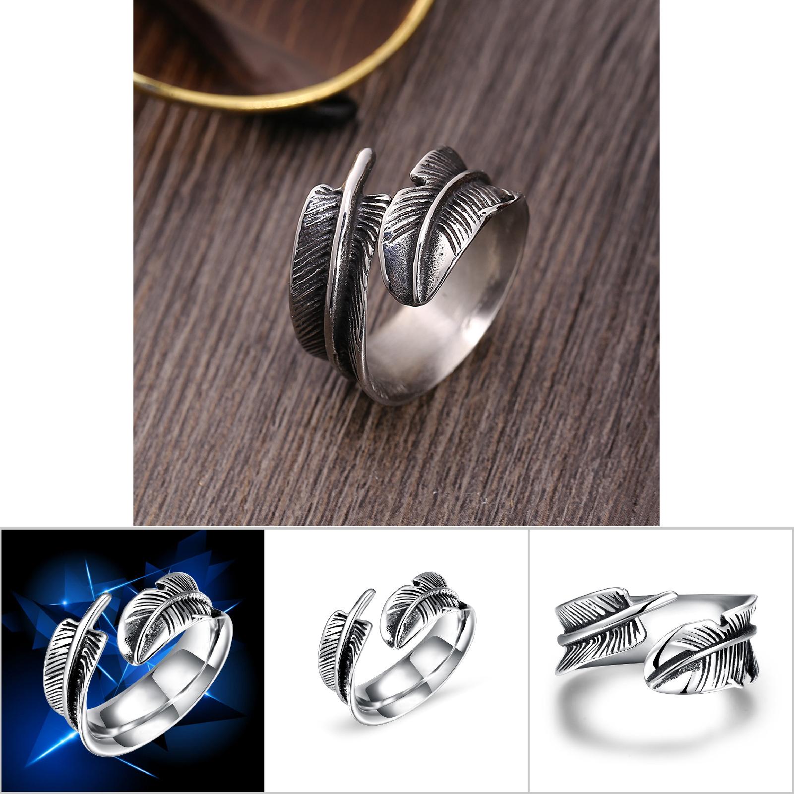 Nhẫn hình lông vũ Nhẫn thời trang nam có thể điều chỉnh Nhẫn mở bằng thép hình lông vũ