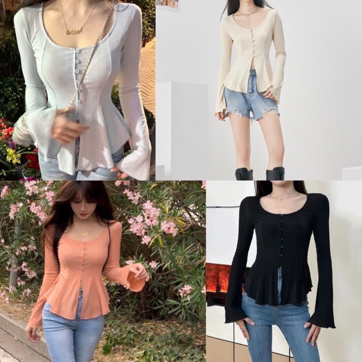 Áo kiểu nữ tay loe xẻ eo phối nút siêu xinh nhiều màu chất vải thun gân len 4 chiều Free Size