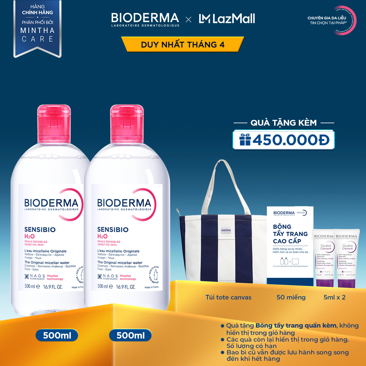 Bộ đôi nước tẩy trang Micellar cho da nhạy cảm Bioderma Sensibio H2O - 500mlx2