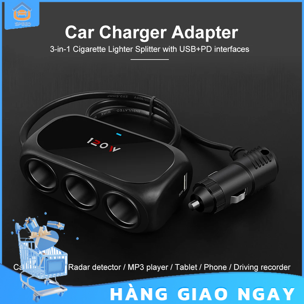Tẩu Sạc Nhanh 120W 12V 24V 3 Cổng usb Có Đèn led Cho iphone ipad gps dashcam SP