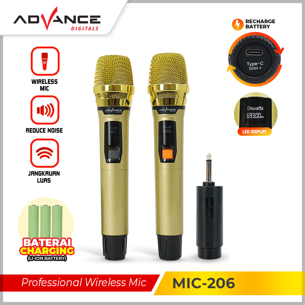 【Ready+Bisa dikirim hari ini】Advance Mic Wireless/Microphone/Mic double (Batrei dapat di Charger )UHP Digital mikropon due 206 Harga 205,000 rupiah*Gratis Ongkir