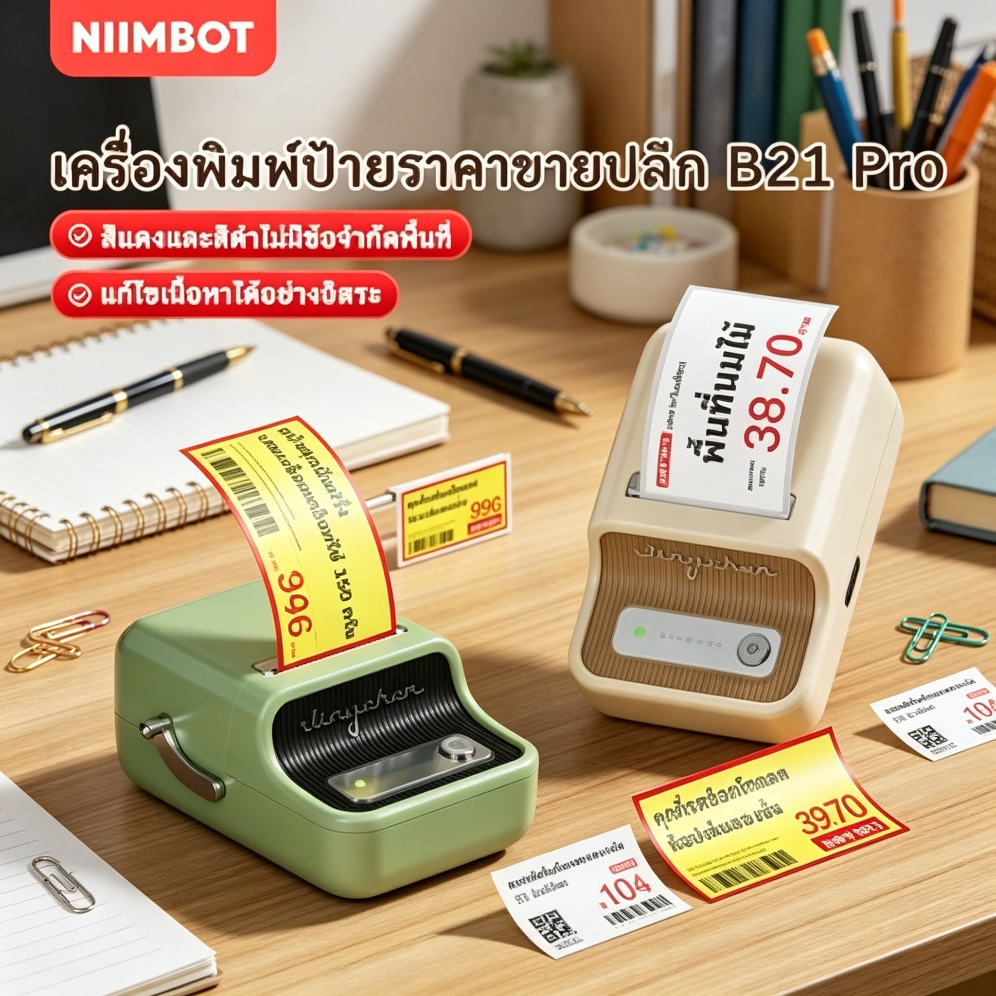 NIIMBOT B21PRO เครื่องพิมพ์ฉลากอัจฉริยะ Bluetooth สำหรับร้านอาหาร ร้านเบเกอรี่ และร้านค้าปลีก พิมพ์ป้ายราคา บาร์โค้ด และวันหมดอายุได้ง่ายๆ ราคา 2,499 บาท*ส่งฟรี