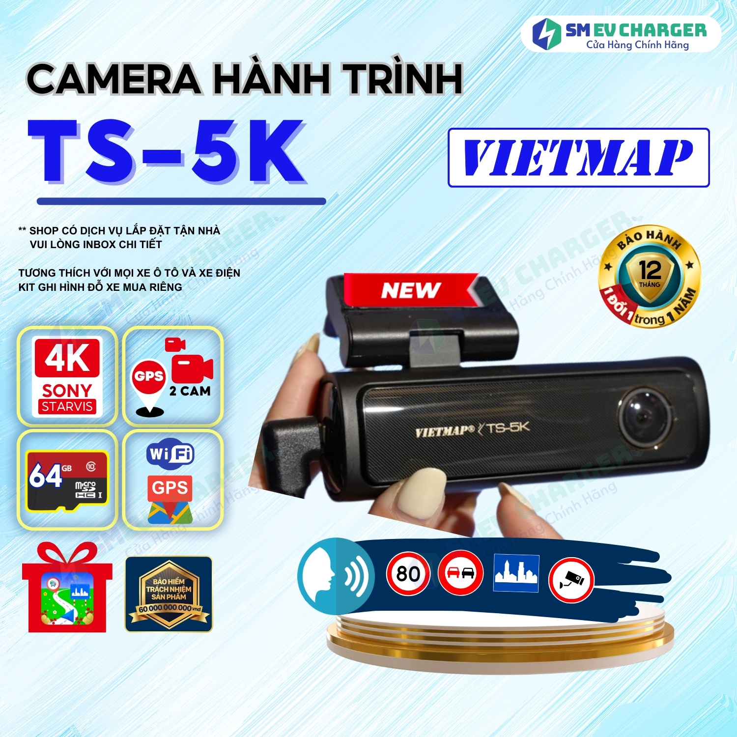 VIETMAP TS-5K Camera Hành Trình Ô Tô Cảnh báo giao thông Tặng Vietmap Live SMEV Chính Hãng