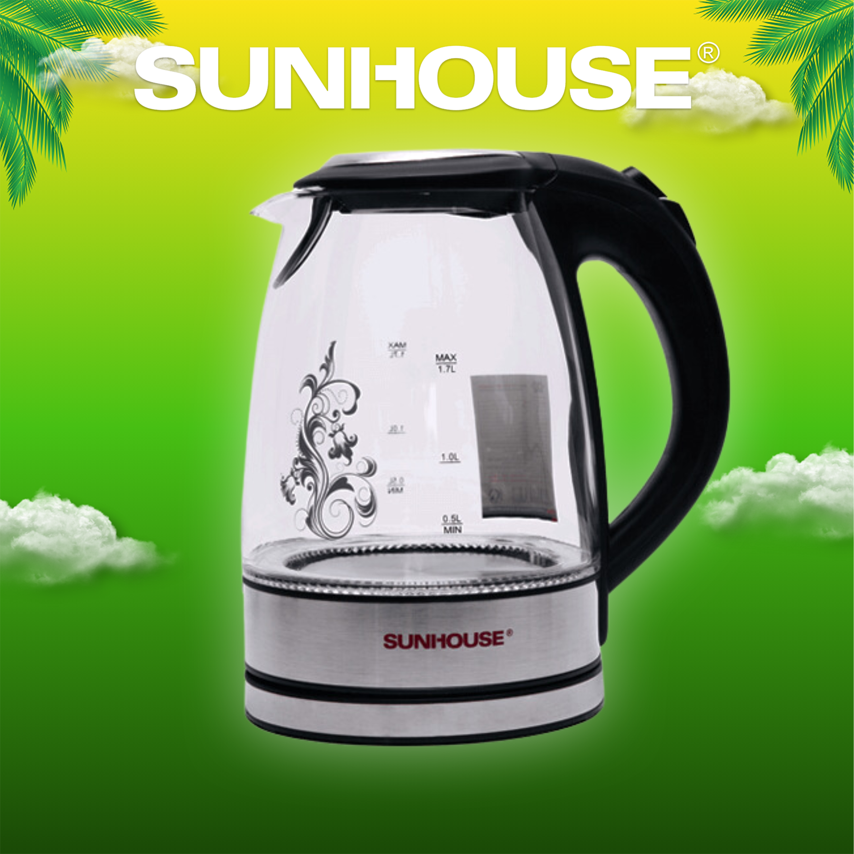 Ấm siêu tốc thuỷ tinh 1.7l sunhouse shd1217 - bảo hành chính hãng 12 tháng
