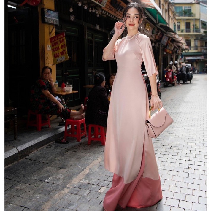Áo dài cách tân lụa ngọc trai đính cúc xinh MINISO