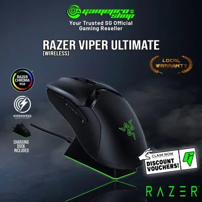 Razer Viper Ultimate Hyperspeed Ambidextrous Wireless Gaming Mouse & RGB Charging Dock: Fastest Gaming Mouse Switch - 20K DPI Optical Sensor - Chroma Lighting - 8 Programmable Buttons - 70 Hr Battery