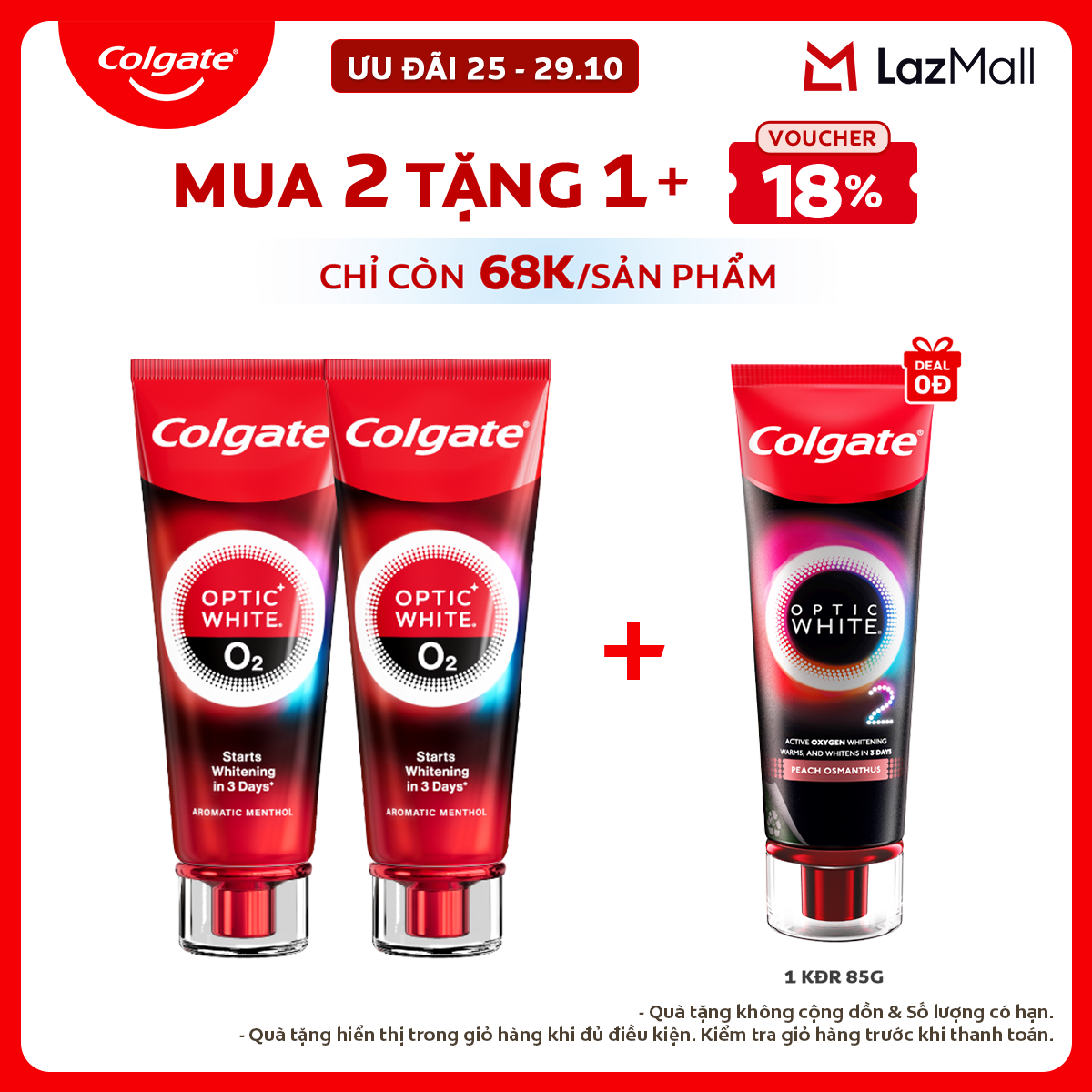 Bộ 2 Kem Đánh Răng Colgate trắng răng đột phá CHỈ TRONG 3 NGÀY Optic White O2 với Oxy Hoạt Tính 85g/ tuýp