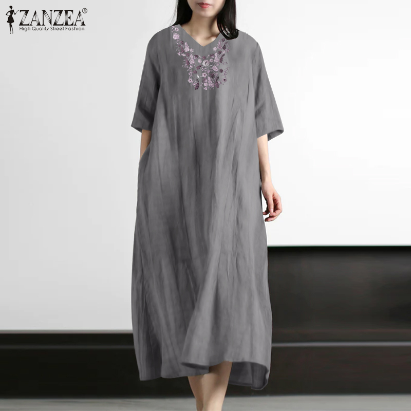 Đầm nữ ZANZEA đầm xòe rộng Thêu Hoa Vải lanh Cotton Cổ Chữ V Đầm midi thường ngày #8