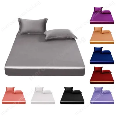 Hot Selling Cooling Soft Plain Silk Fitted Sheet 1Piece Satin Bed Cover Bedsheet Single /Super Single/ Queen / KingSize /Super King 5 Size