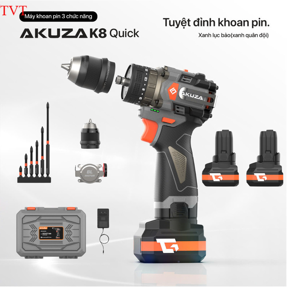 Máy Khoan Pin AKUZA K8 QUICK Đầu 4 trong 1 - Có Búa - Mắc gài kim loại - đầu kẹp auto lock Máy xây dưng TVT