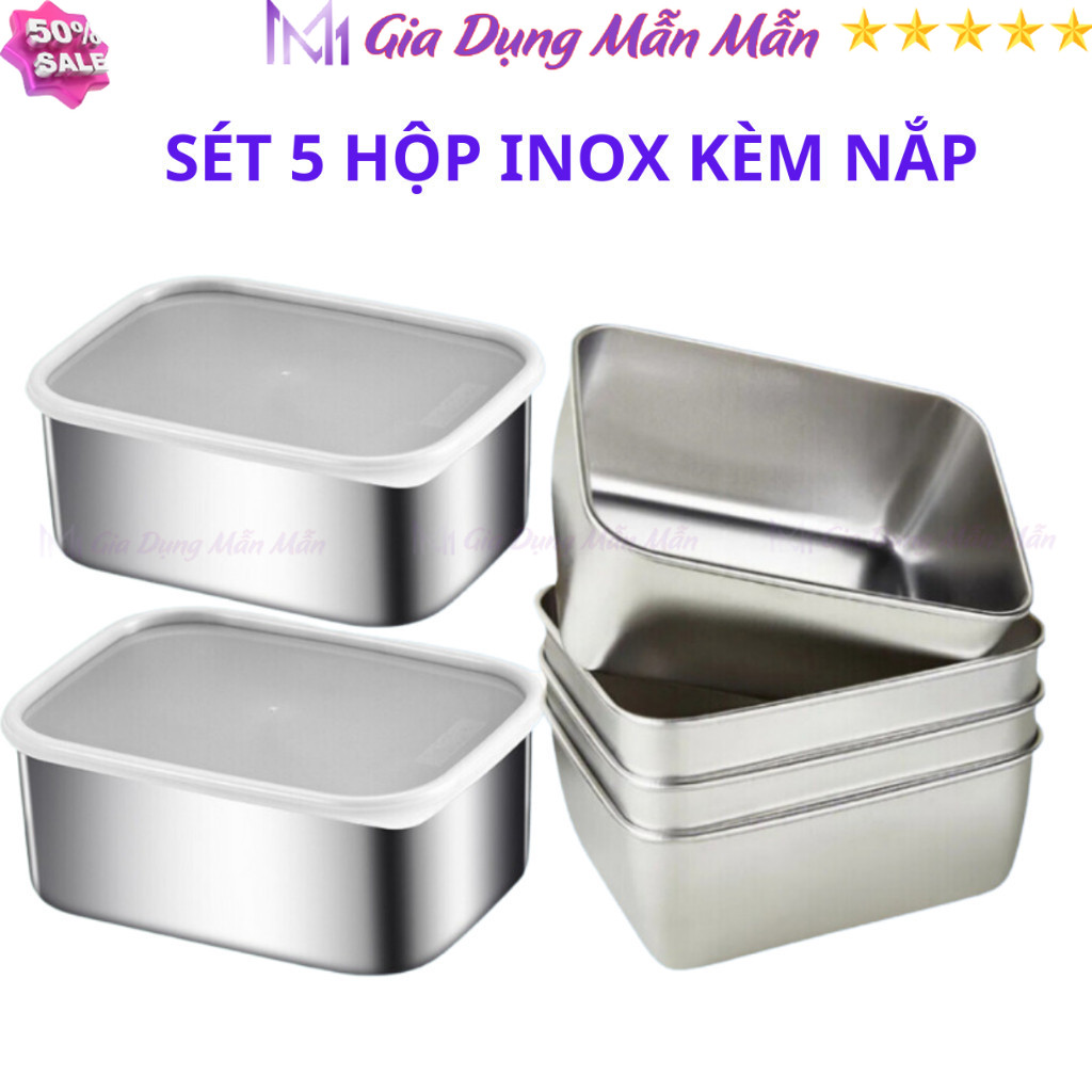  SKU06 - Combo 5 Hộp đựng thực phẩm inox 304 có nắp đậy khay đựng thực phẩm bằng inox để tủ lạnh - Gia Dụng Mẫn Mẫn 