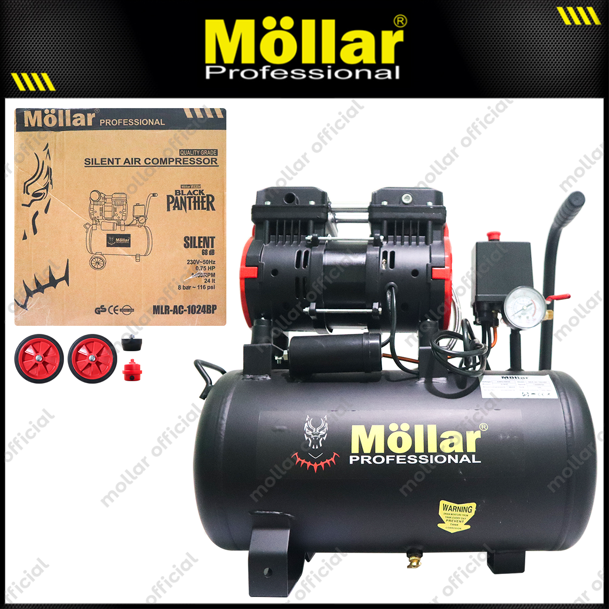 MOLLAR AC-1024BP Mesin Kompresor Angin 3/4 HP 24 Liter Silent Oilless Black Panther Harga 1,235,000 rupiah*Gratis Ongkir
