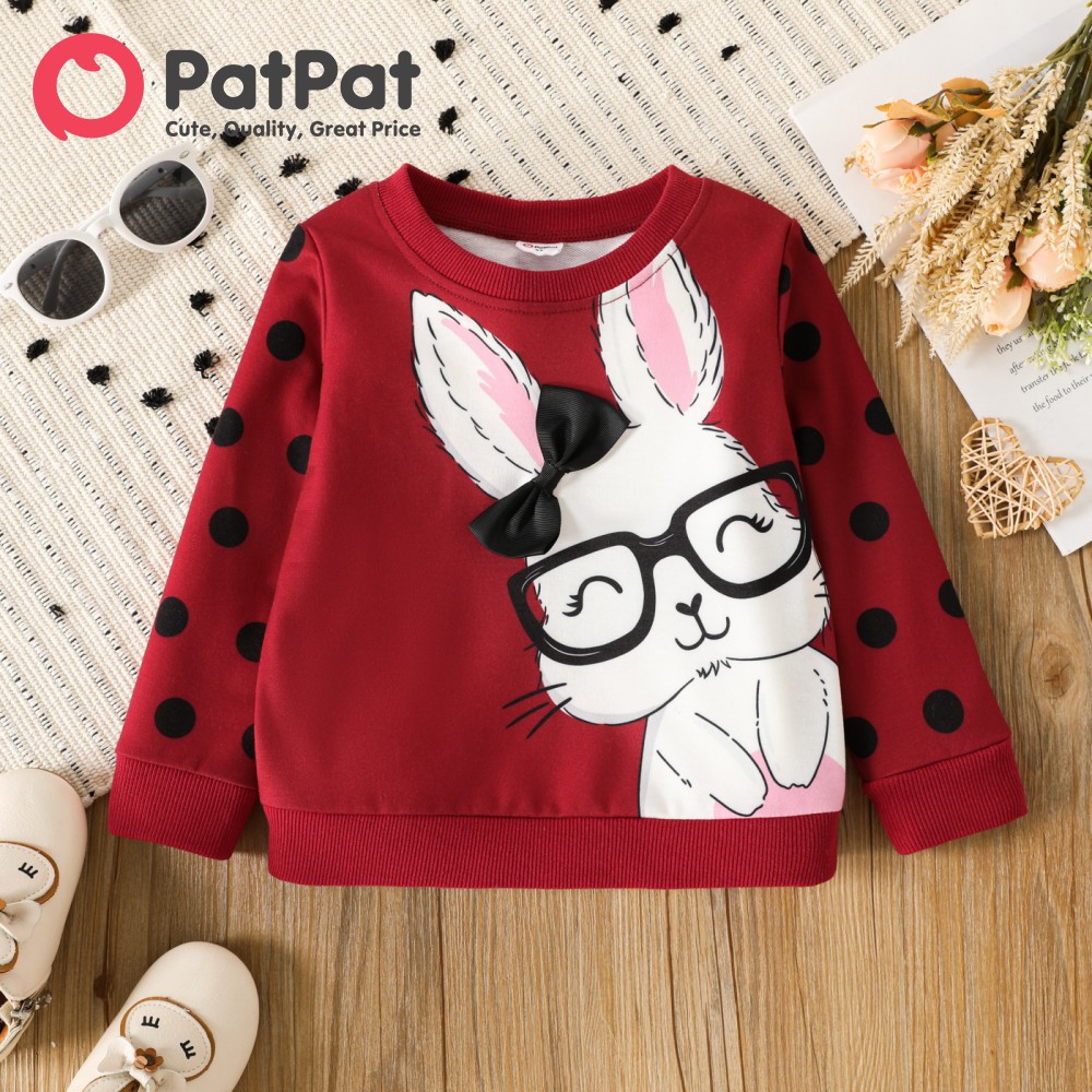 PatPat Toddler Girl Cute Rabbit Print Polka dots Pullover Sweatshirt
