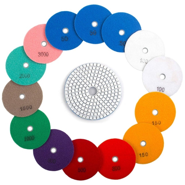 15Pcs 4inch Wet Diamond Polishing Pads Set - 50 to 3000 Grit Hook and Loop Backing Sanding Discs - perfect Buffing Kit