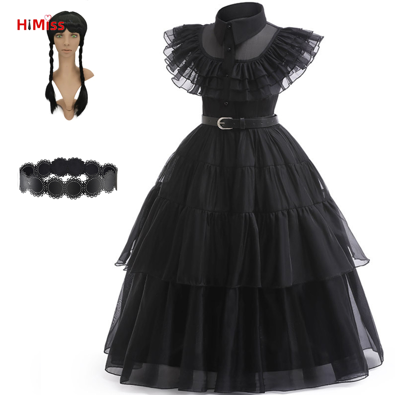 HIMISS Kids Girls Wednesday Addams Long Dress Waist Fit Mesh Dance Dresses Family Cosplay Costume Halloween Outfit ราคา 92 บาท*ส่งฟรี