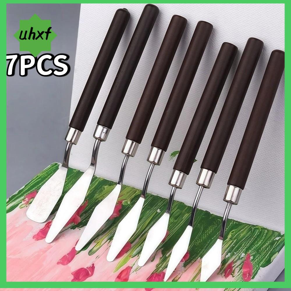 UHXF 7PCS Bằng gỗ Bộ cọ vẽ tranh sơn dầu nghệ thuật Nhẹ Thép không gỉ Xẻng trộn sơn màu nước Di động Bền bỉ Bộ cọ vẽ Công cụ vẽ
