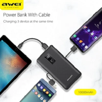 Awei p8k Powerbank 10000mAh Portable charger with Built-in Type-C Lightning Micro USB Cables Power Bank