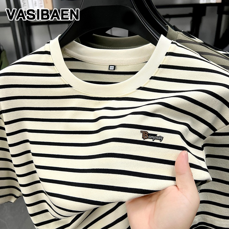 VASIBAEN Áo thun cổ tròn đơn giản tay ngắn cotton thoáng khí thoải mái Áo phông sọc thời trang áo phông nam