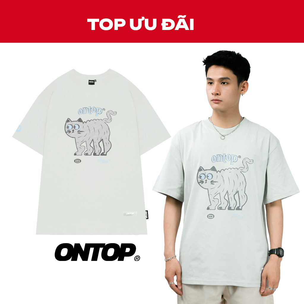 Áo phông local brand chính hãng ONTOP nam nữ form rộng hình in mèo màu xám Doodle Cat | O19-T7 S-5XL