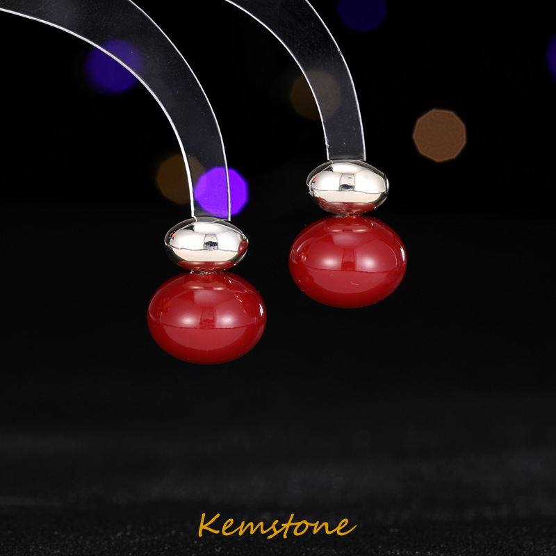 Kemstone Vintage S925 Post Red Pearl Bean Stud Earrings for Female Light Luxury Jewelry Gift ราคา 173 บาท*ส่งฟรี