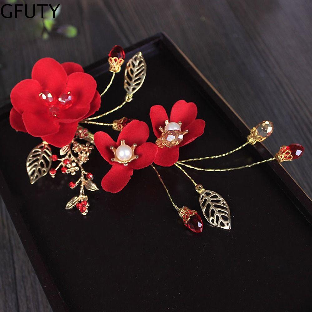 GFUTY Cho Cô Gái Retro Pha Lê Cô Dâu Tóc Đồ Trang Trí Hoa màu đỏ Lá Trung Quốc Hanfu Tóc Clip Giống thú mỏ vịt Clip Phụ nữ Barrettes Lễ Hội Cặp Tóc