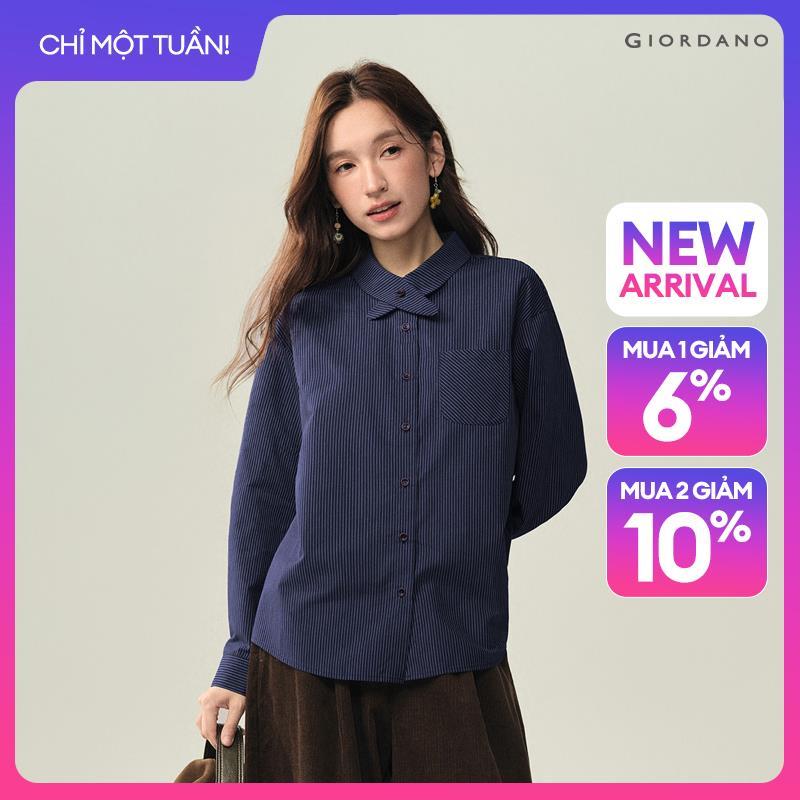 GIORDANO Women Shirts Striped Crossover Collar Shirts Single Pocket Long Sleeve Fashionable Casual Loose Shirts 18346730