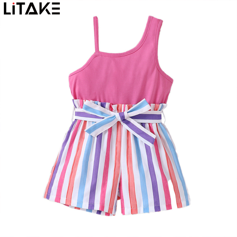 Baby Girls Sleeveless Short Jumpsuit Striped Patchwork Asymmetrical Rompers Bowknot Waistband Bodysuit ราคา 212 บาท*ส่งฟรี