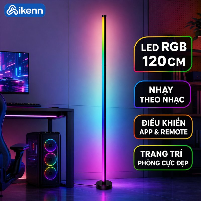 Aikenn Đèn đứng LED RGB nháy theo nhạc đổi màu điều khiển từ xa kết nối app trang trí phòng góc sofa setup gaming PC TV