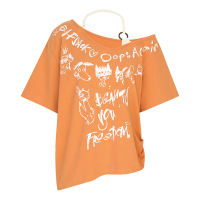 ELFSACK Orange Off Shoulder T-shirt Loose Graffiti Print V-neck Tee Casual Y2K Letter Graphic Top for Women