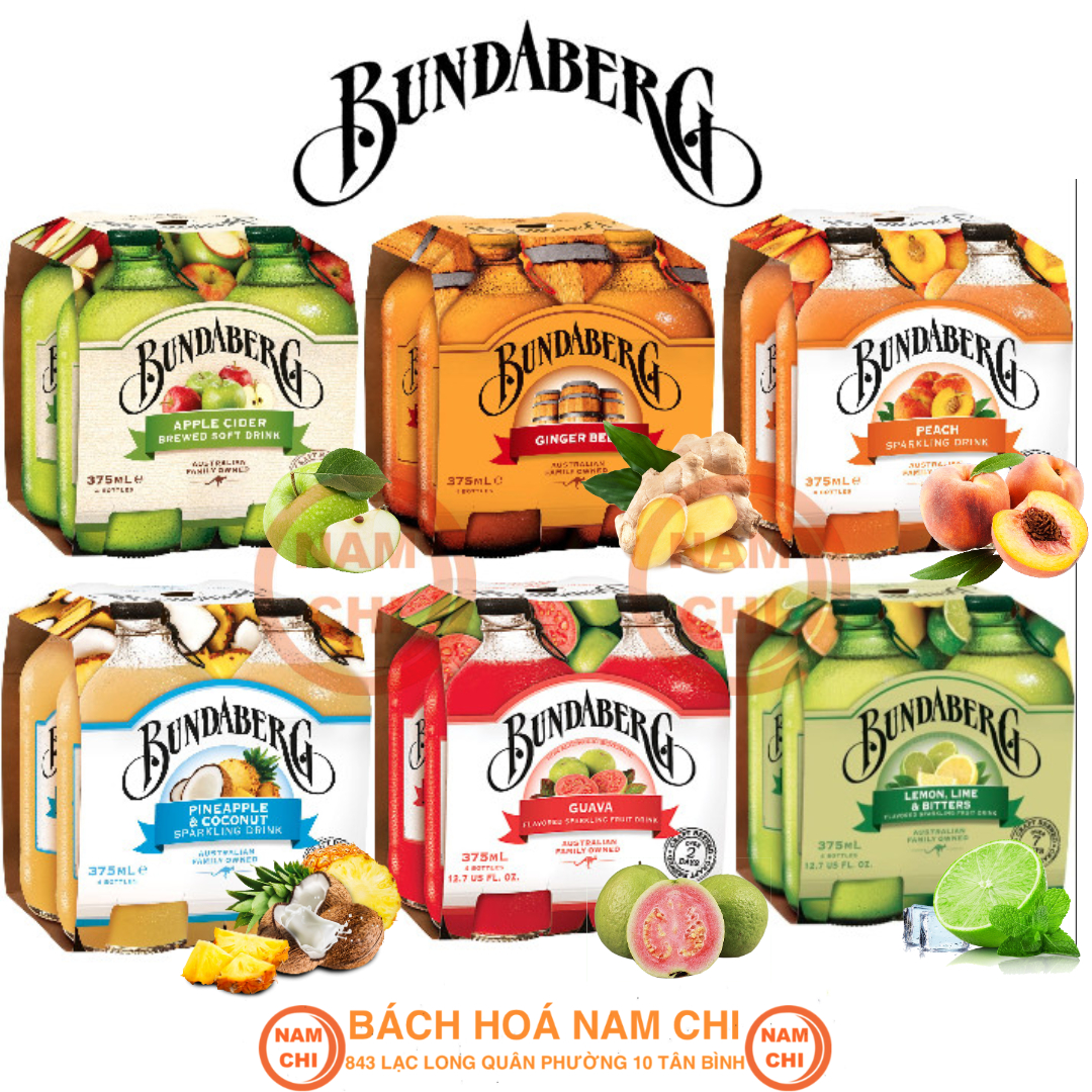 LỐC 4 Nước Ép Trái Cây Có Gas Bundaberg Nhiều Vị Thơm Nồng Hương Trái Cây