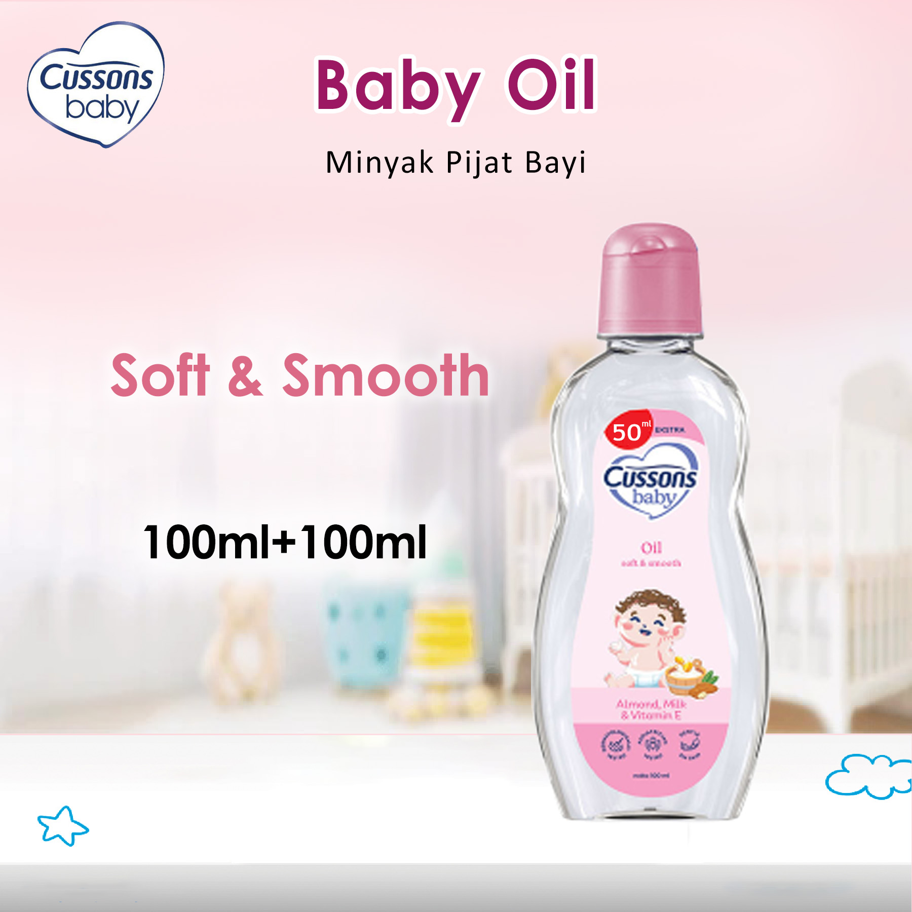 Cussons Baby Oil Soft & Smooth / Mild Gentle 100ml + 100ml - Minyak Pijat Bayi Perawatan Kulit