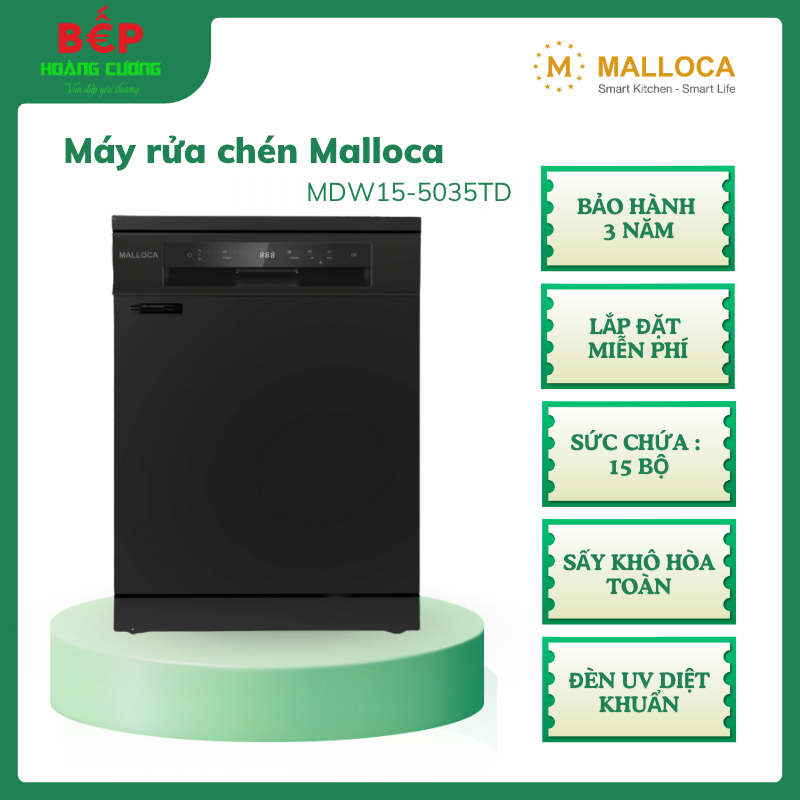 Malloca MDW15-5035TD – Máy rửa bát độc lập/âm tủ – Sức chứa 15 bộ – 6 chương trình rửa – CHB