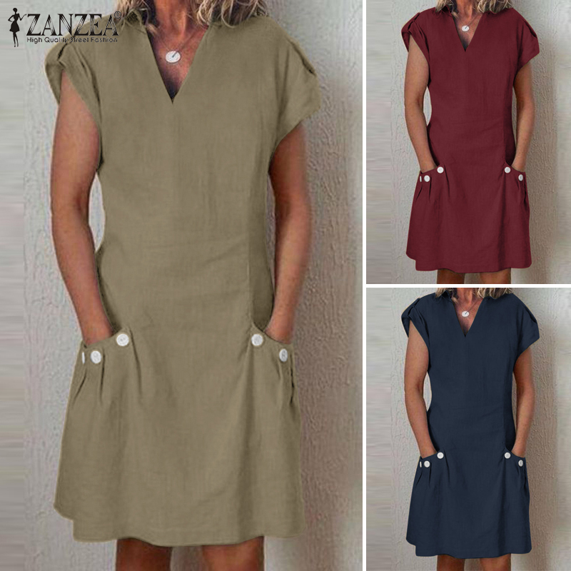 Rulfepy Zanzea Đầm nữ đầm xòe dài tay áo điều chỉnh được cổ chữ V dáng rộng thường ngày đầm trơn #15