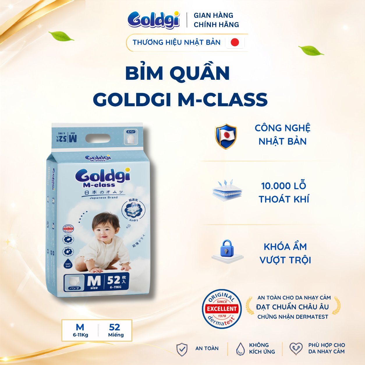 Bỉm quần Goldgi M-class mỏng nhẹ siêu khô thoáng hạ nhiệt cho mùa hè đủ size chính hãng