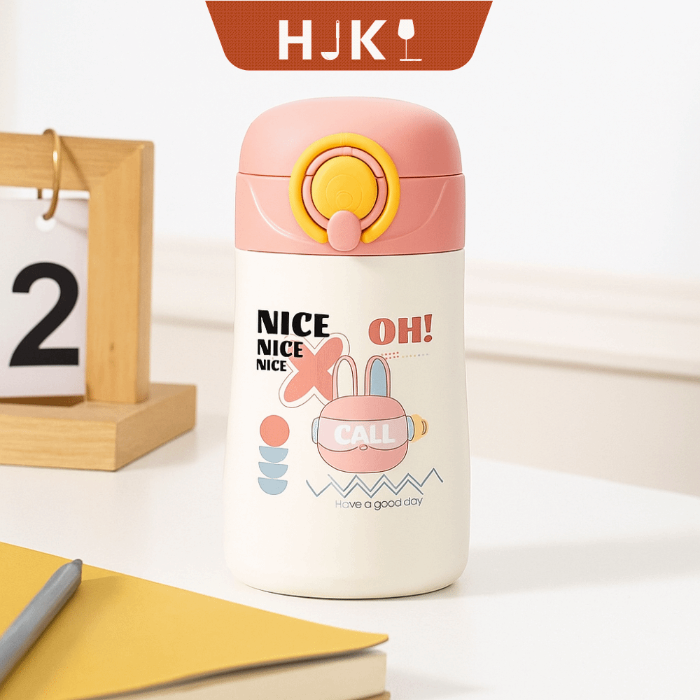 HJKL Thép không gỉ Bình nước giữ nhiệt cho trẻ em Giữ lạnh và nóng 400ML Cốc nước có ống hút di động Dễ thương Di động Bình chân không 400ml Thể thao ngoài trời