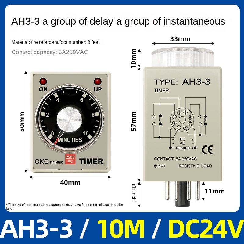 Timer Relay AH3-3-10m-dc24v | tùy chọn Rơ Le thời gian AH3-3, AH3-2 CKC, 1s-60m, AC220V/DC24V, Trễ Bật, 8 Chân, Công Nghiệp, IP50, Độ Chính Xác Cao