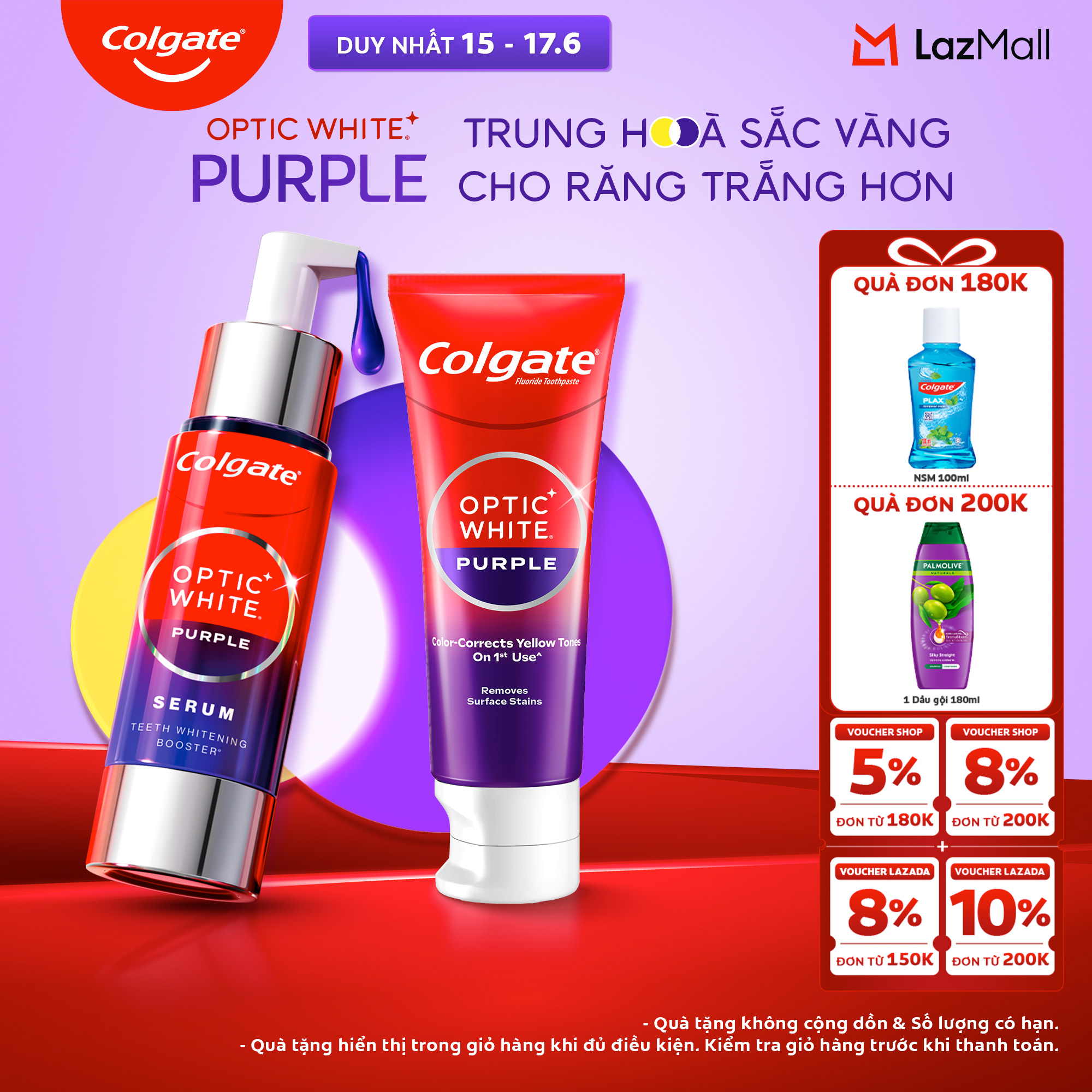 Bộ đôi Colgate Optic White Purple: Serum và Kem đánh răng trắng răng, trung hòa sắc vàng tức thì