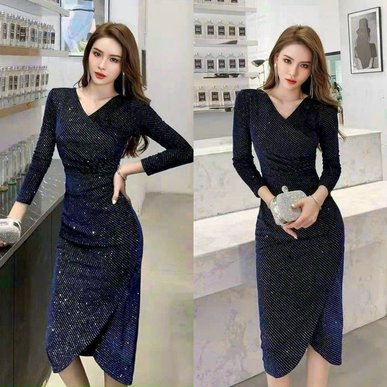 Đầm body nhung kim sa cổ đắp chéo cao cấp by4673
