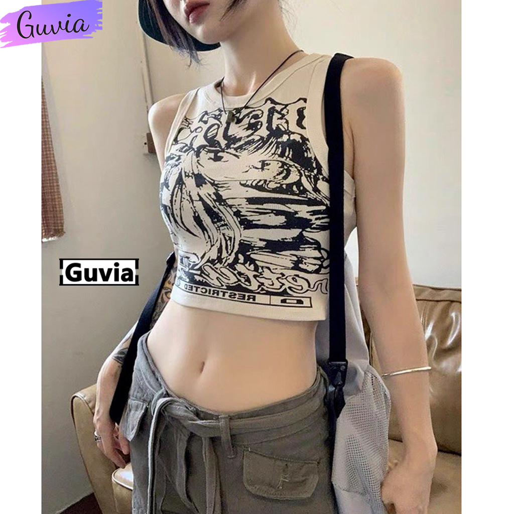 Áo Croptop BA LỖ TRUYỆN TRANH Cổ Tròn Ôm Body, Áo Thun Croptop Ba Lỗ Kiểu In Chất Thun Gân GUVIA