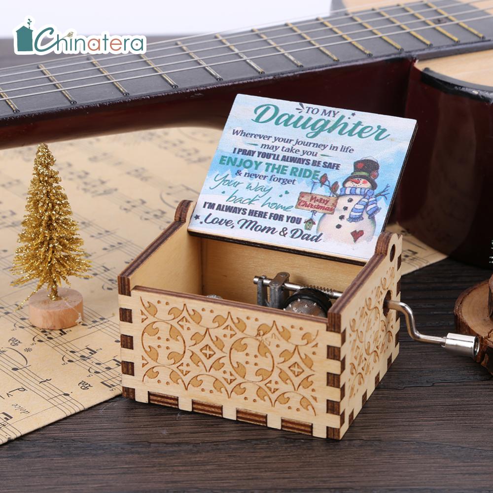 Hand Crank Engraved Musical Box Wooden Christmas Music Box Merry Christmas