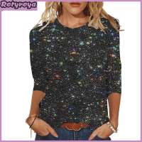 Rotyroya Women Top Soft Stretchy Women Blouse Sparkling Sequin Glitter Tops for Women Shimmering 3/4 Sleeve Blouse Crew Neck Pullover Shirt Solid Color Glitzy Fashion Wear