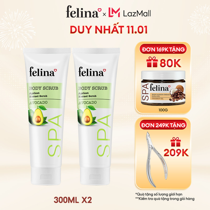 Combo 2 Tuýp Gel Tẩy tế bào chết từ hạt mơ nghiền Felina Home Spa 300ml/ tuýp dịu nhẹ cho da nhạy cảm