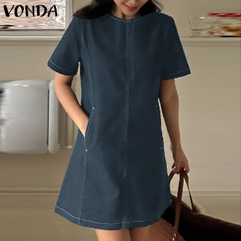 VONDA Women Elegant Crew Neck Pocket Vintage Short Sleeved Solid A