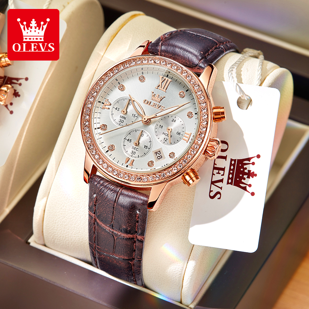 OLEVS  Đồng hồ nữ dạ quang chống thấm nước dây da chính hãng đa chức năng lịch chronograph 9933
