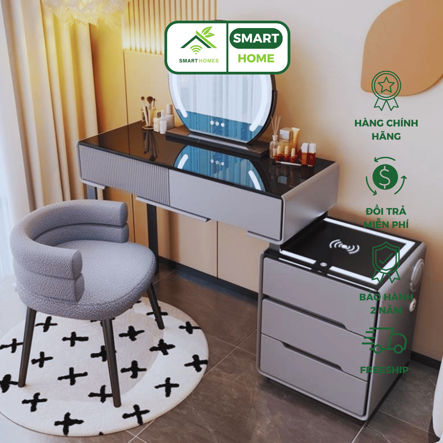 Bàn Trang Điểm SMARTHOMES Thông Minh Hiện Đại Sạc Không Dây Loa Bluetooth Cổng USB
