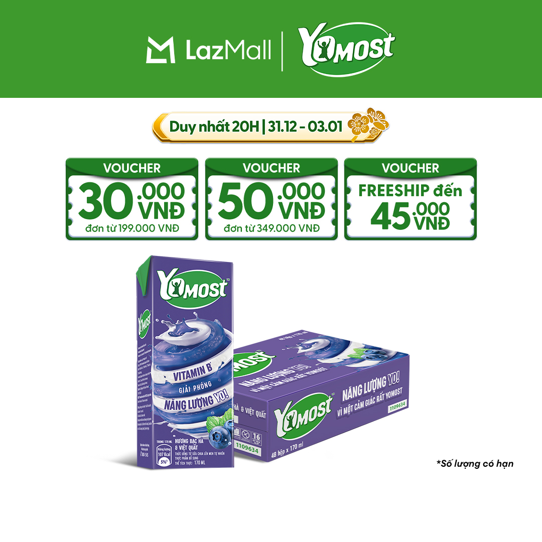  Thùng 48 Hộp Sữa Chua Lên Men Tự Nhiên Yomost Hương Bạc Hà Và Việt Quất 170ml  48x170ml  