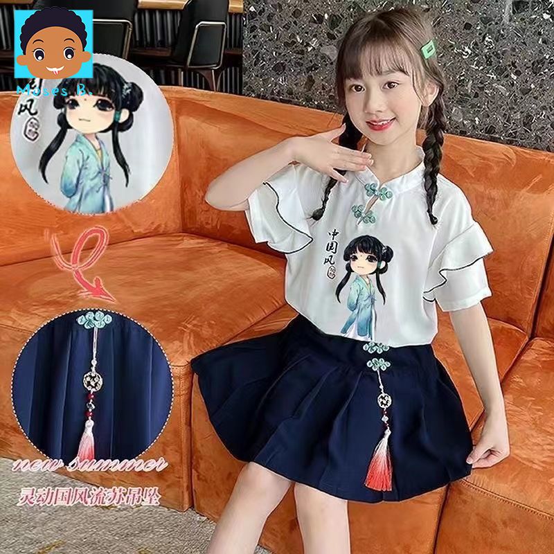 MOSES Cô gái Trung Quốc phong cách Hán phục trẻ em phong cách cổ tay ngắn cô gái mùa hè trang phục mùa hè trang phục lưới đỏ phong cách phương Tây sinh viên hai mảnh bộ
