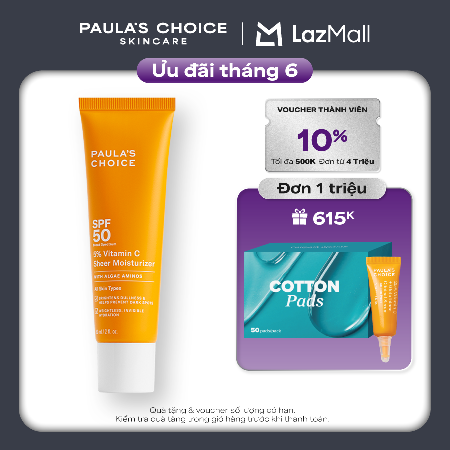 Kem chống nắng dưỡng ẩm giúp làm sáng và đều màu da SPF 50 Paula's Choice 5% Vitamin C 60ml - 1360