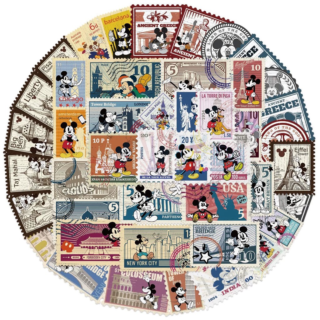 50ชิ้น สติกเกอร์ลายแสตมป์วินเทจ มิคกี้ เมาส์ ลิขสิทธิ์แท้ Disney กันน้ำ DIY Sticker โน้ตบุ๊ก
