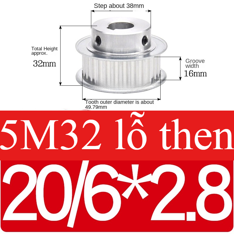 Bánh Răng Đồng Bộ 16bf Lỗ 20/6*2.8 | 5M 32 Răng BF Guangfa - Đột Bậc, Lỗ 5-25mm, Rãnh 16/21/27mm, Nhôm, Truyền Động Chính Xác Công Nghiệp